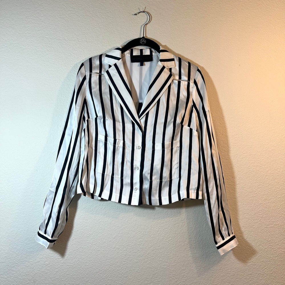 Kendall + Kylie 100% Silk Striped Top Black White Button Down NWOT Silky Stripe